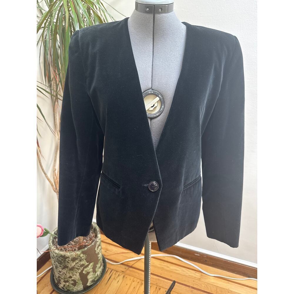 Vintage 80s 90s Minimalist Black Velvet Collarless Blazer Single Button ILGWU